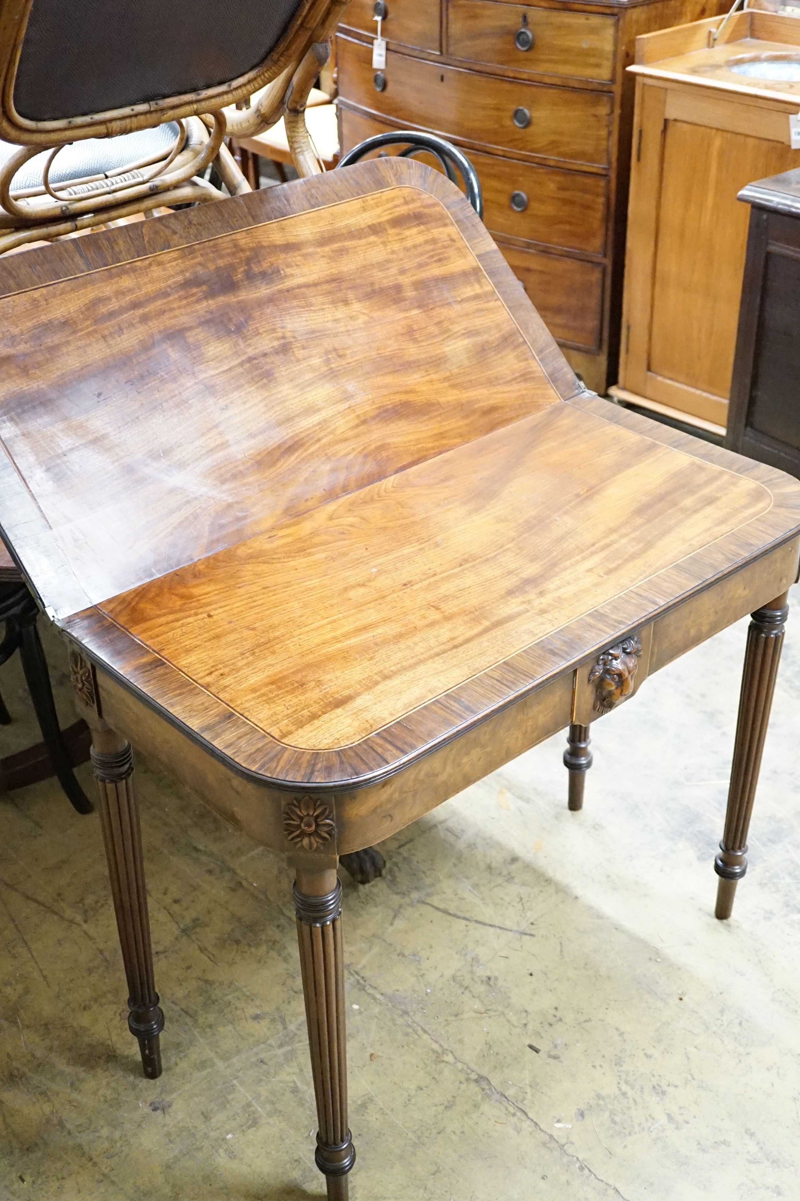 A Regency rosewood banded mahogany card table, width 90cm